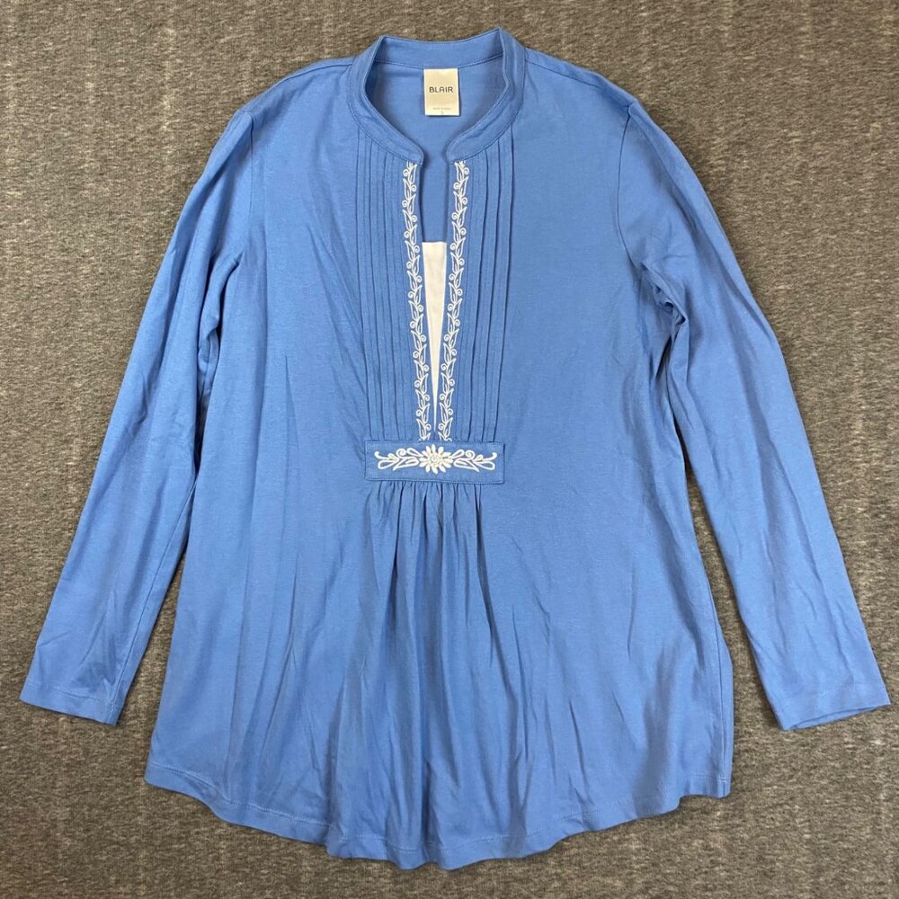 Blair Womens Blue Long Sleeve Tunic Top Size Small Embroidered Floral Detail